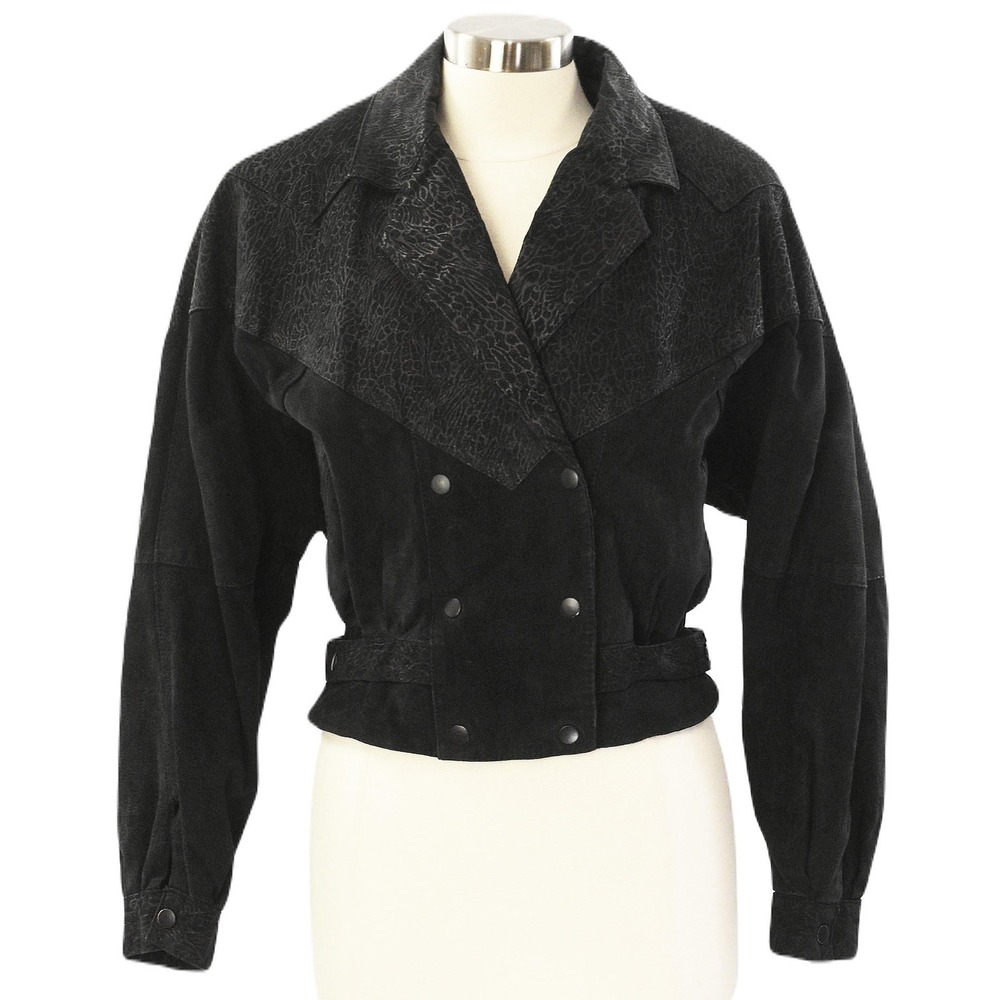 80s Vintage Cropped Suede Blouson Jacket Womens M 8 Double Breasted Reptile Moto